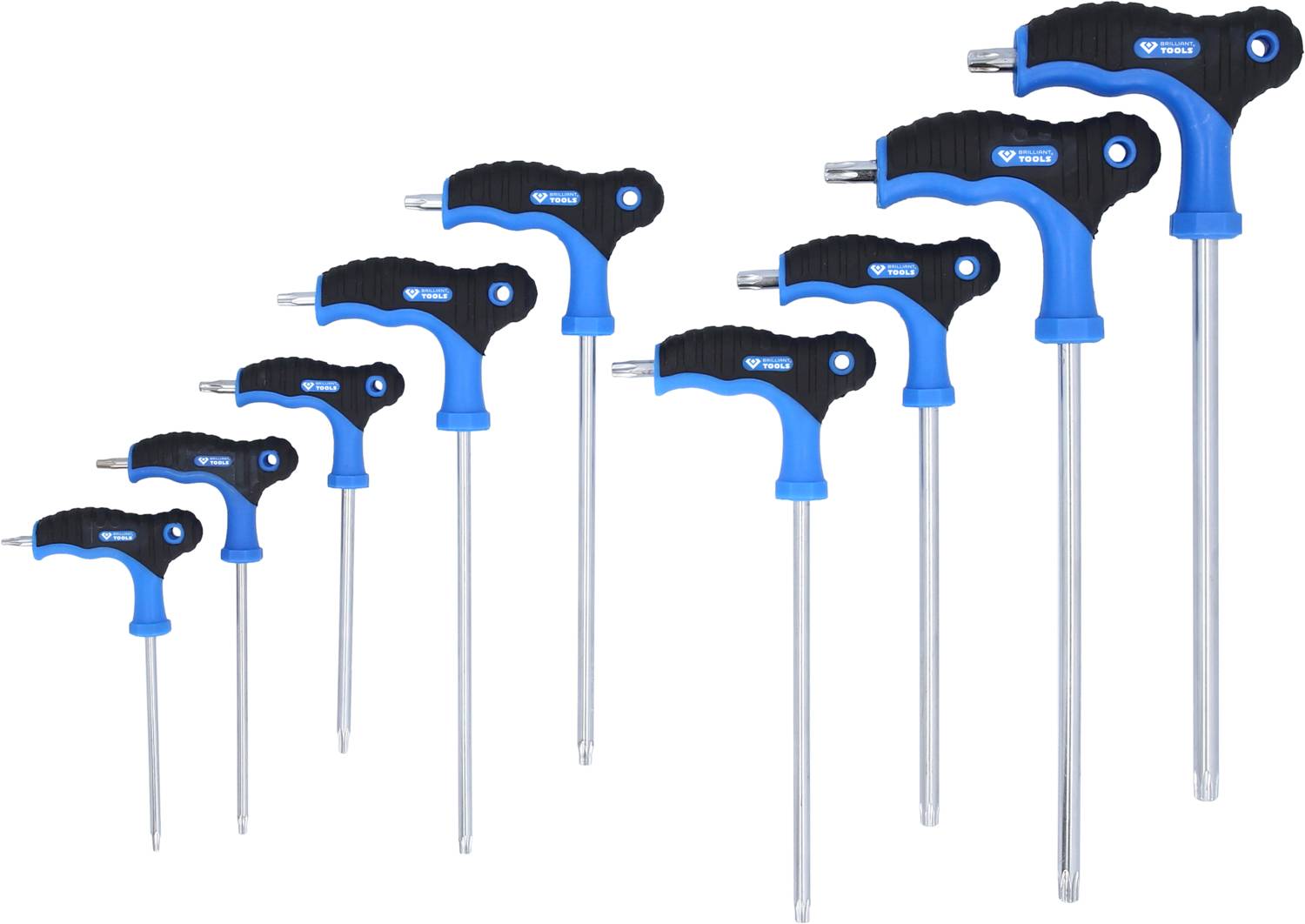 Ein Satz von neun T-Griff-Sechskantschlüsseln in verschiedenen Größen, von klein links bis groß rechts, mit blauen und schwarzen Griffen.