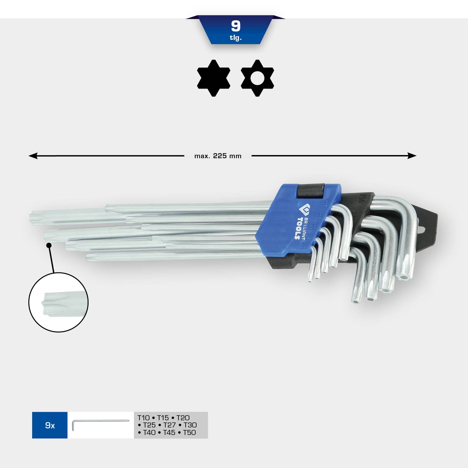 Set aus 9 Torx-Winkelschlüsseln (T10 bis T50) in Halterung, maximale Länge 225 mm, geeignet für verschiedene Schraubengrößen.