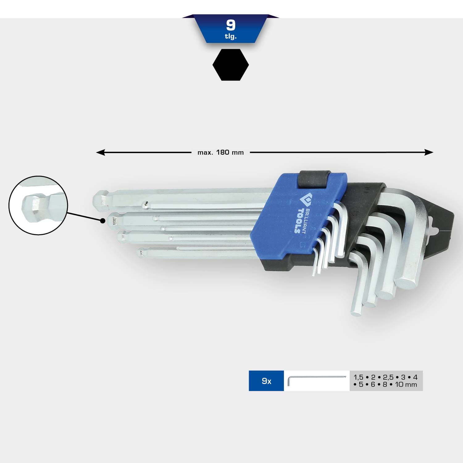 Brilliant Tools BT045009 Winkelschraubendreher-Set 1.5 mm, 2 mm, 2.5 mm, 3 mm, 4 mm, 5 mm, 6 mm, 8 mm, 10 mm 9teilig
