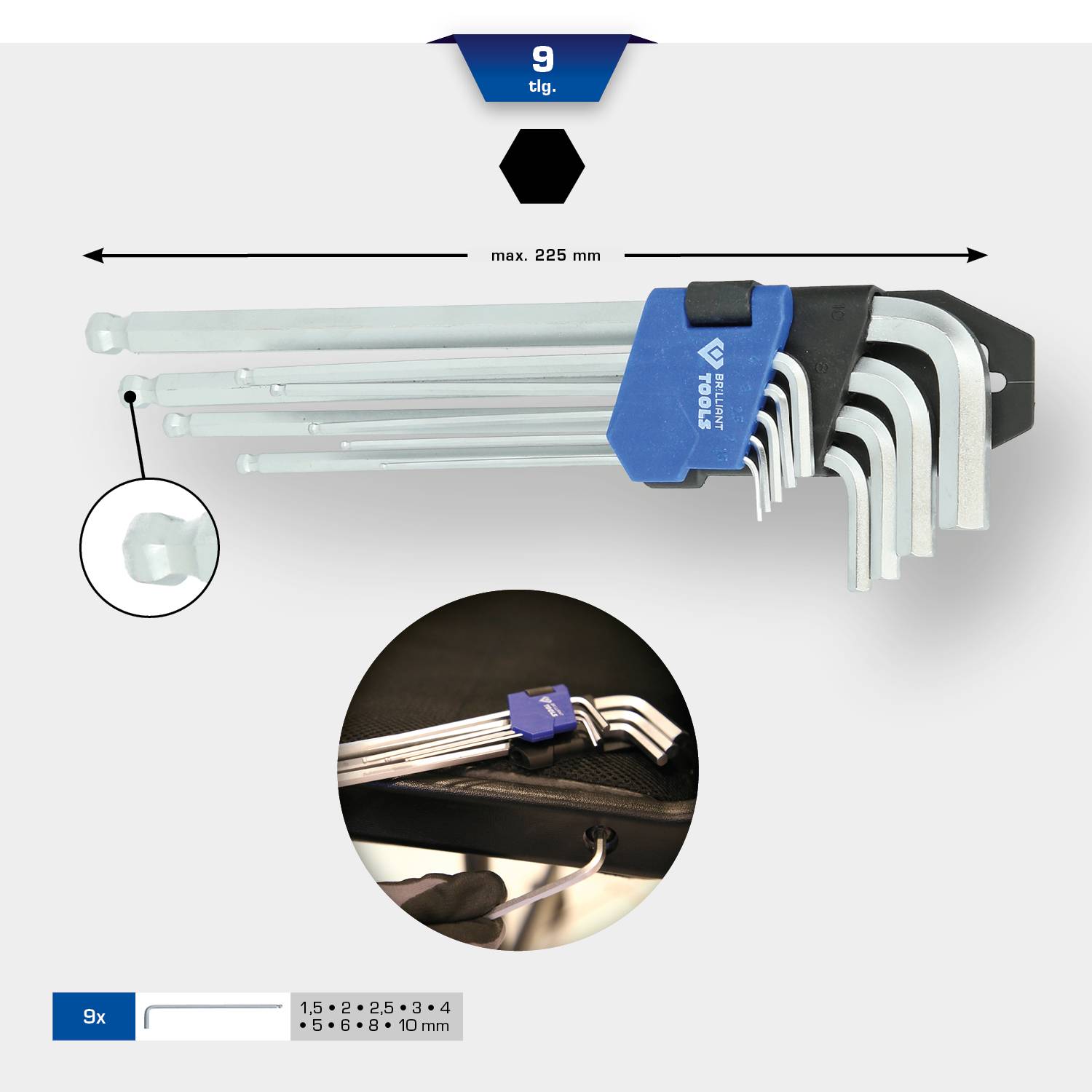 Ein Set von 9 Sechskantschlüsseln in verschiedenen Größen, aufgereiht mit einer blauen Halterung. Maximale Länge: 225 mm.