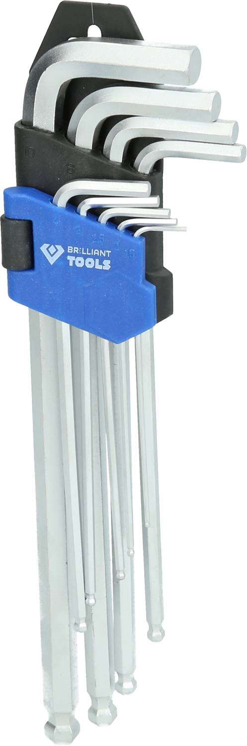 Ein Set von Inbusschlüsseln in verschiedenen Größen, gehalten in einem blauen Halter mit weißem Logo 'Brilliant Tools'.