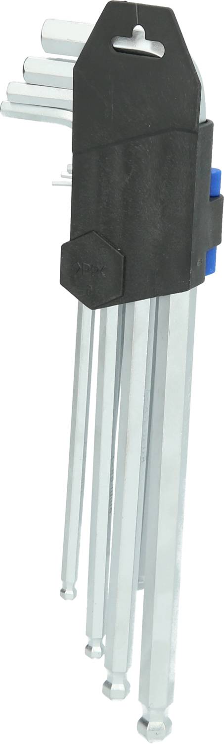 Ein Set von Inbusschlüsseln in verschiedenen Größen, die in einem schwarzen Halter aus Kunststoff stecken.