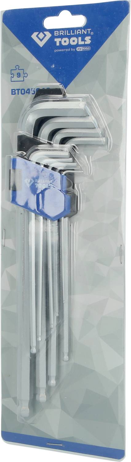 Ein Set von Inbusschlüsseln in einer Verpackung. Enthält mehrere Größen, verpackt in einer blauen Kunststoffhalterung.