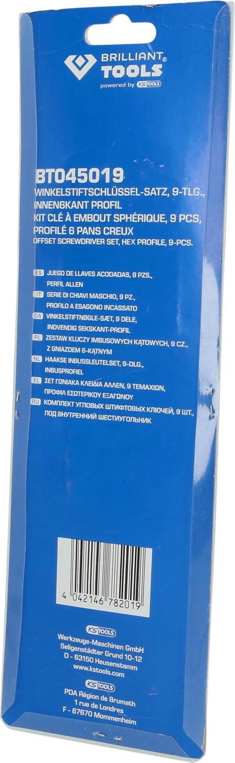 'Brilliant Tools Inbusschlüssel-Set, 9-teilig.' Verpackung der Marke Brilliant Tools mit Produktinformationen und Barcodes auf der Rückseite.