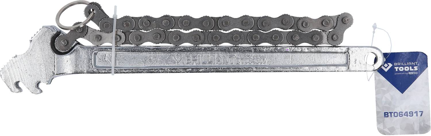 Kettenschlüssel aus Metall mit Kettenverzahnung und Etikett 'BRILLIANT TOOLS'. Werkzeugspezifikation: BT064917.
