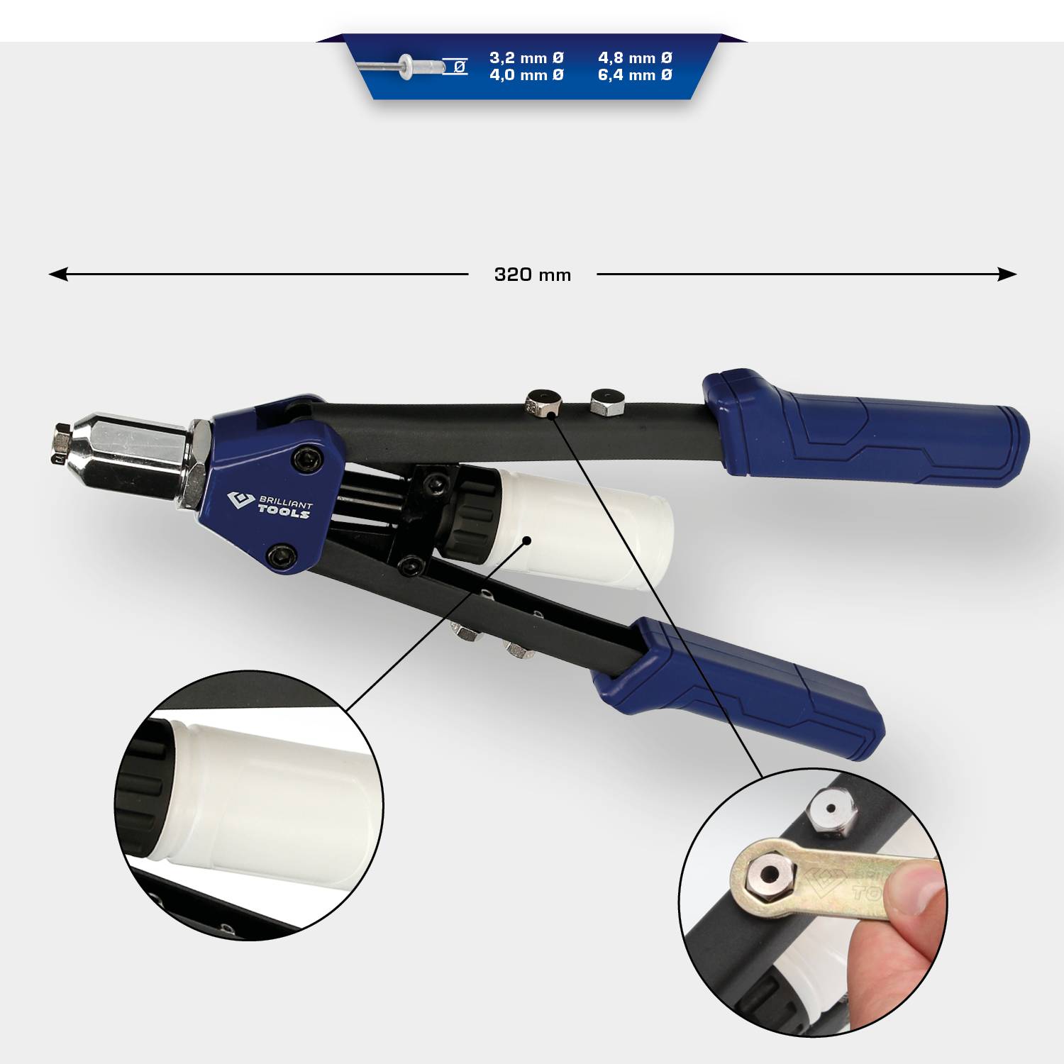 Nietenpistole von 320 mm Länge. Detailansichten: Griffstruktur und Nietaufnahme. Für Nieten von 3,2 mm bis 6,4 mm geeignet.