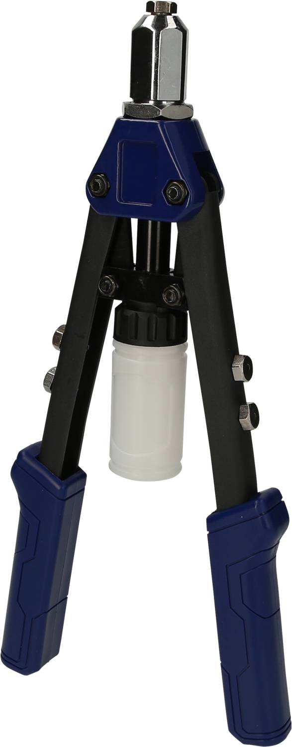 Handnietzange mit blauen Griffen und weißem Mundstück, geeignet zum Verbinden von Materialien mit Nieten.