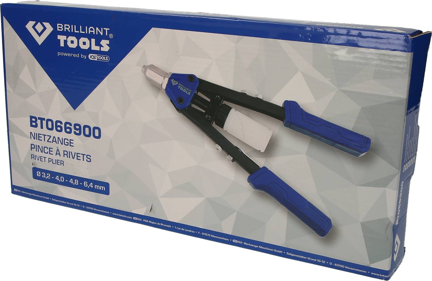 Verpackung von Brilliant Tools Nietzange BT066900, zeigt Bild des Werkzeugs mit Größenangaben 0,32 - 4,0 - 4,8 - 6,4 mm.