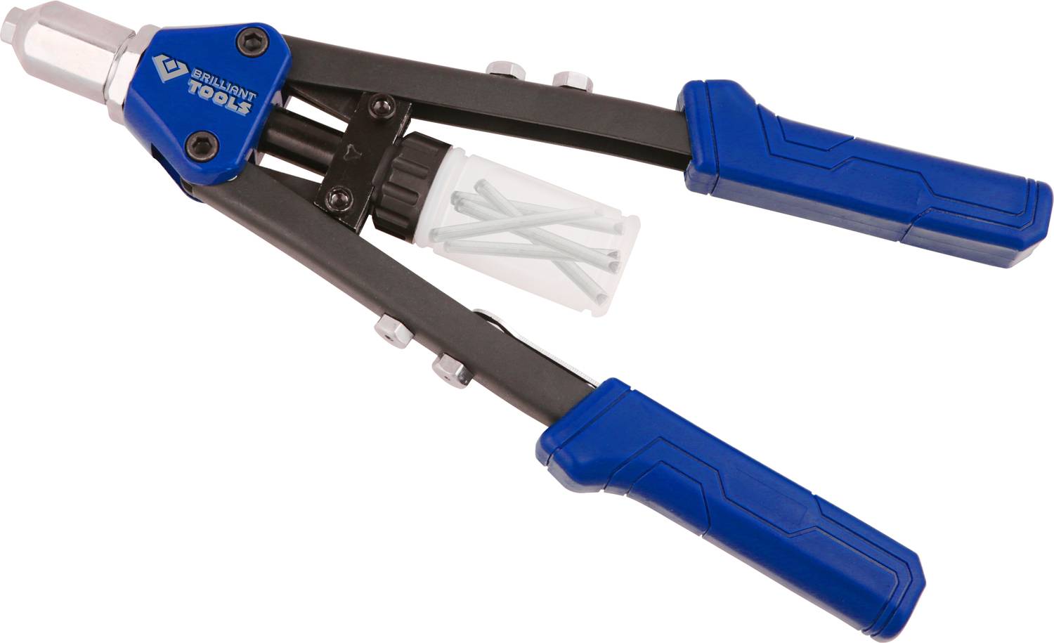 Handnietzange mit blauen Griffen, seitlich liegend. Ein Kunststoffbehälter mit Nieten ist montiert.