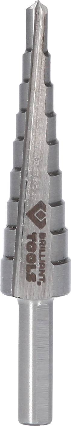 Silberner Kegelstufenbohrer mit mehreren Schneiden für Metallbearbeitung, zeigt Herstellerlogo 'Heller'.