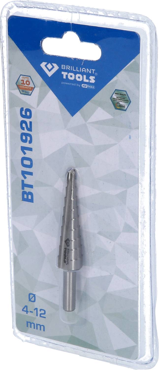 Verpacktes Stufenbohrer-Set von Brilliant Tools, Modell BT01926. Auf der Verpackung steht: Durchmesser 4-12 mm.