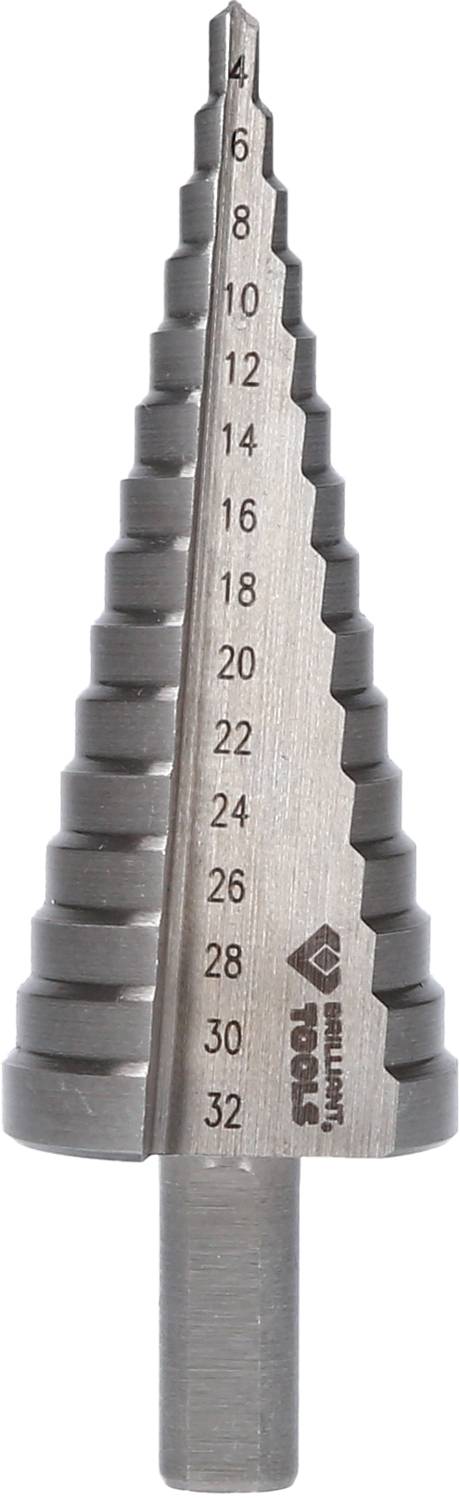 Stufenbohrer aus Metall mit eingravierten Größen von 4 bis 32 Millimeter, seitlich 'Brilliant Tools' Logo sichtbar.