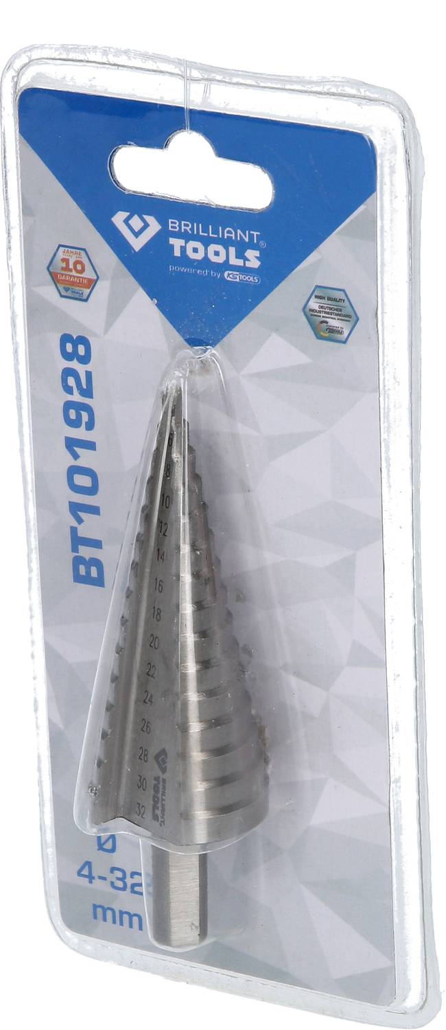 Stufenbohrer verpackt in transparenter Kunststoffverpackung, Aufschrift 'BT101928', geeignet für 4-32 mm Bohrungen.