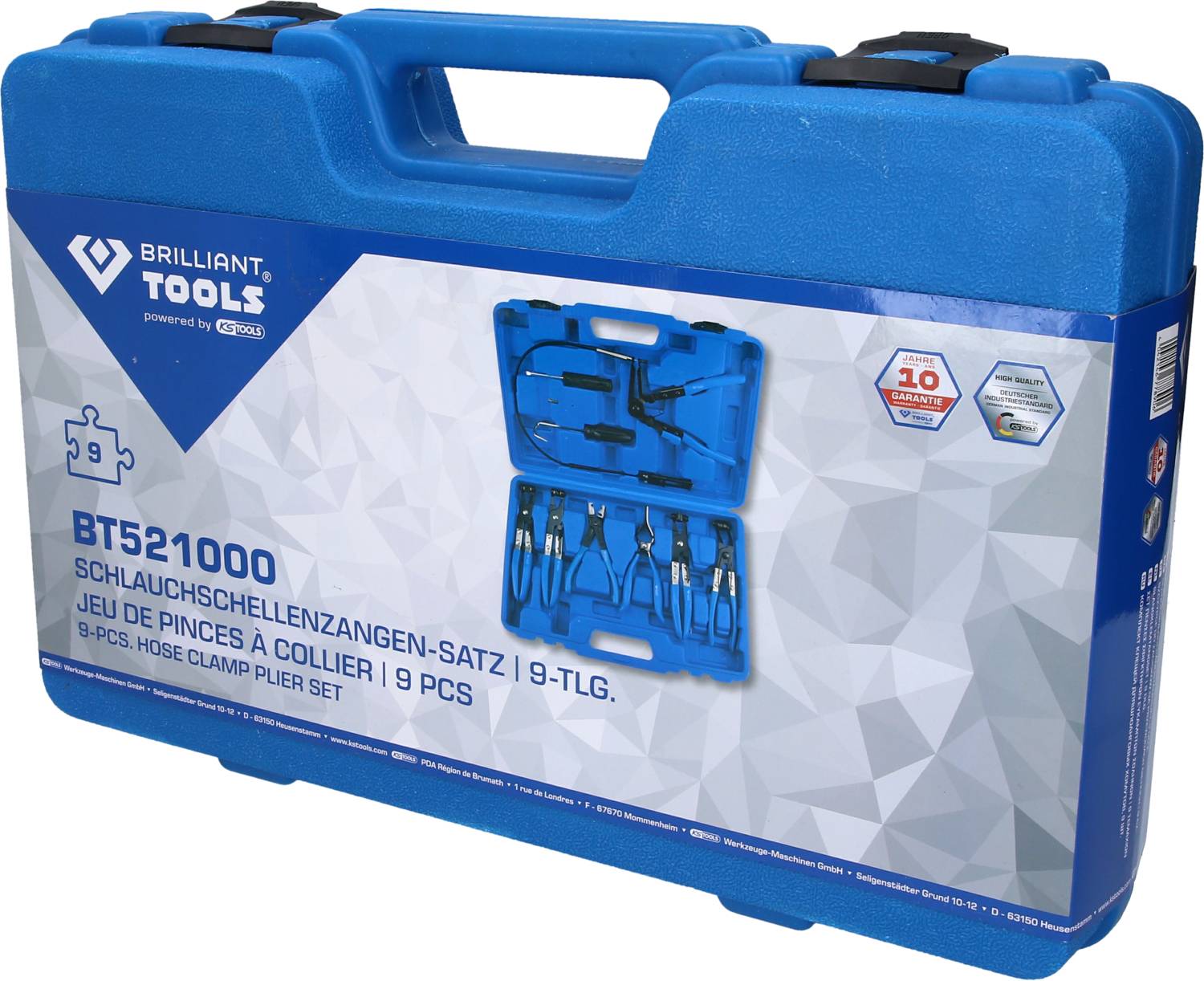 Ein blauer Werkzeugkoffer mit dem Aufdruck 'Schlauchschellenzangen-Satz 9-tlg.'. Enthält verschiedene Zangen, Bild der Zangen darauf.