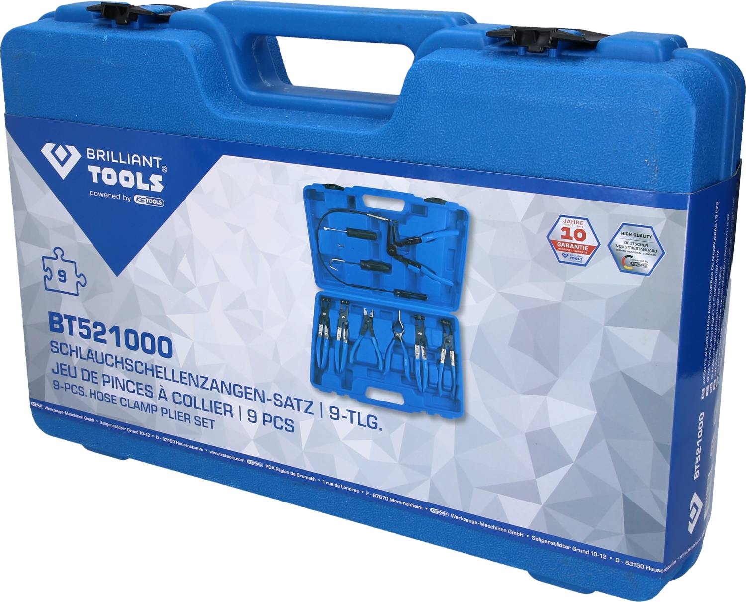Blauer Koffer mit Aufschrift 'Brilliant Tools BT521000 Schlauchschellen-Zangen-Satz, 9-tlg.' und Bild des Inhalts: Zangen-Set.