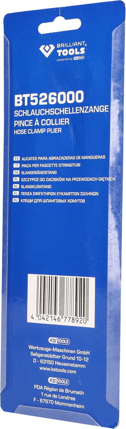 Verpackung einer Schlauchschellenzange von Brilliant Tools, Modell BT526000, mit mehrsprachiger Produktbeschreibung und Barcode.