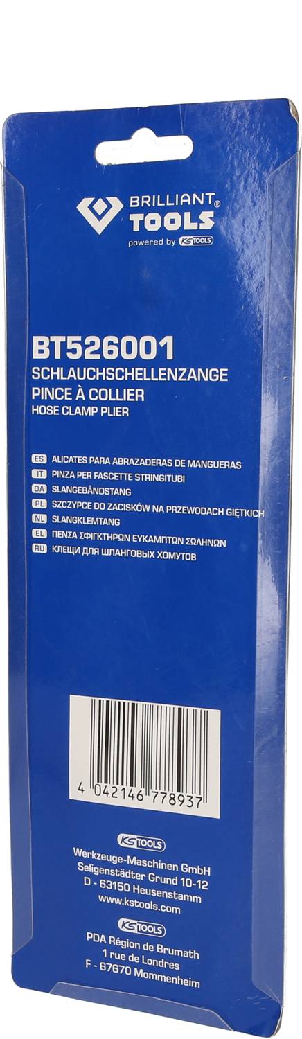 Verpackung einer Schlauchschellenzange von Brilliant Tools. Blau mit weißem Text, Modellnummer BT526001 und Barcode.