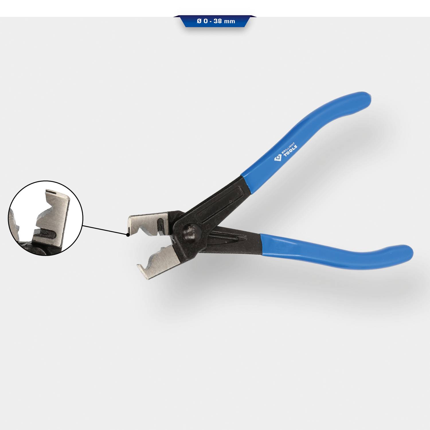 Eine Zange mit blauen Griffen und einem Schneidewerkzeug, das im Detail vergrößert ist. Geeignet für Draht von 0 bis 39 mm.