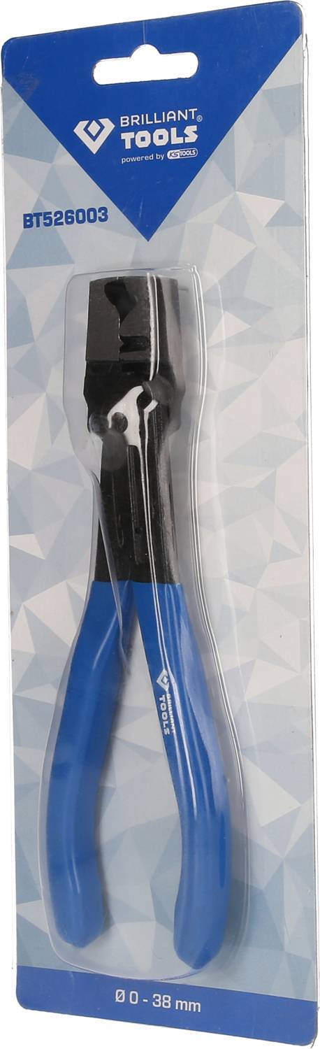 Eine Zange mit blauen Griffen in einer Verpackung von 'Brilliant Tools', Produktnummer BT526003. Geeignet für 0-38 mm.
