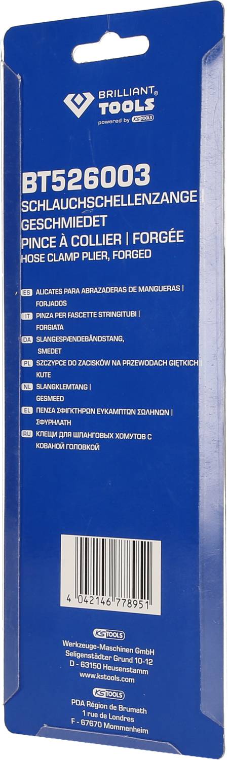 Verpackung von Brilliant Tools. Modell BT526003 Schlauchschellenzange. Mehrsprachige Beschreibung und Herstellerinformationen.
