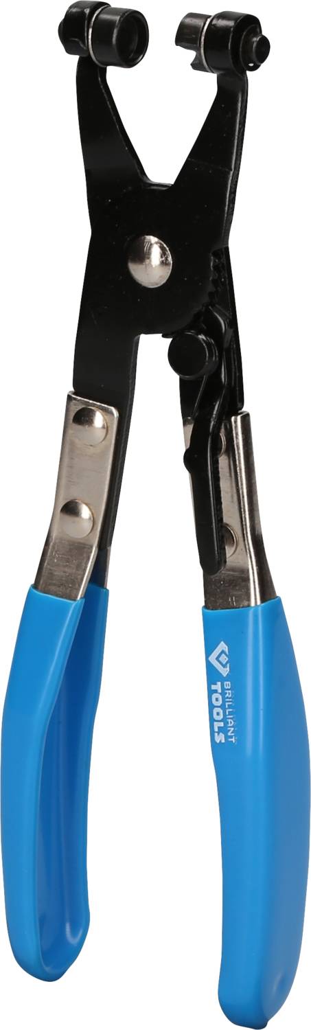 Eine schwarze Zange mit blauen Griffen, geeignet zum Stanzen oder Crimpen. Ideal für handwerkliche oder Reparaturarbeiten.