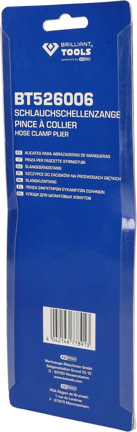 Blauer Verpackungshinweis: 'BT526006 Schlauchschellenzange' in mehreren Sprachen. Markenlogo 'Brilliant Tools'.