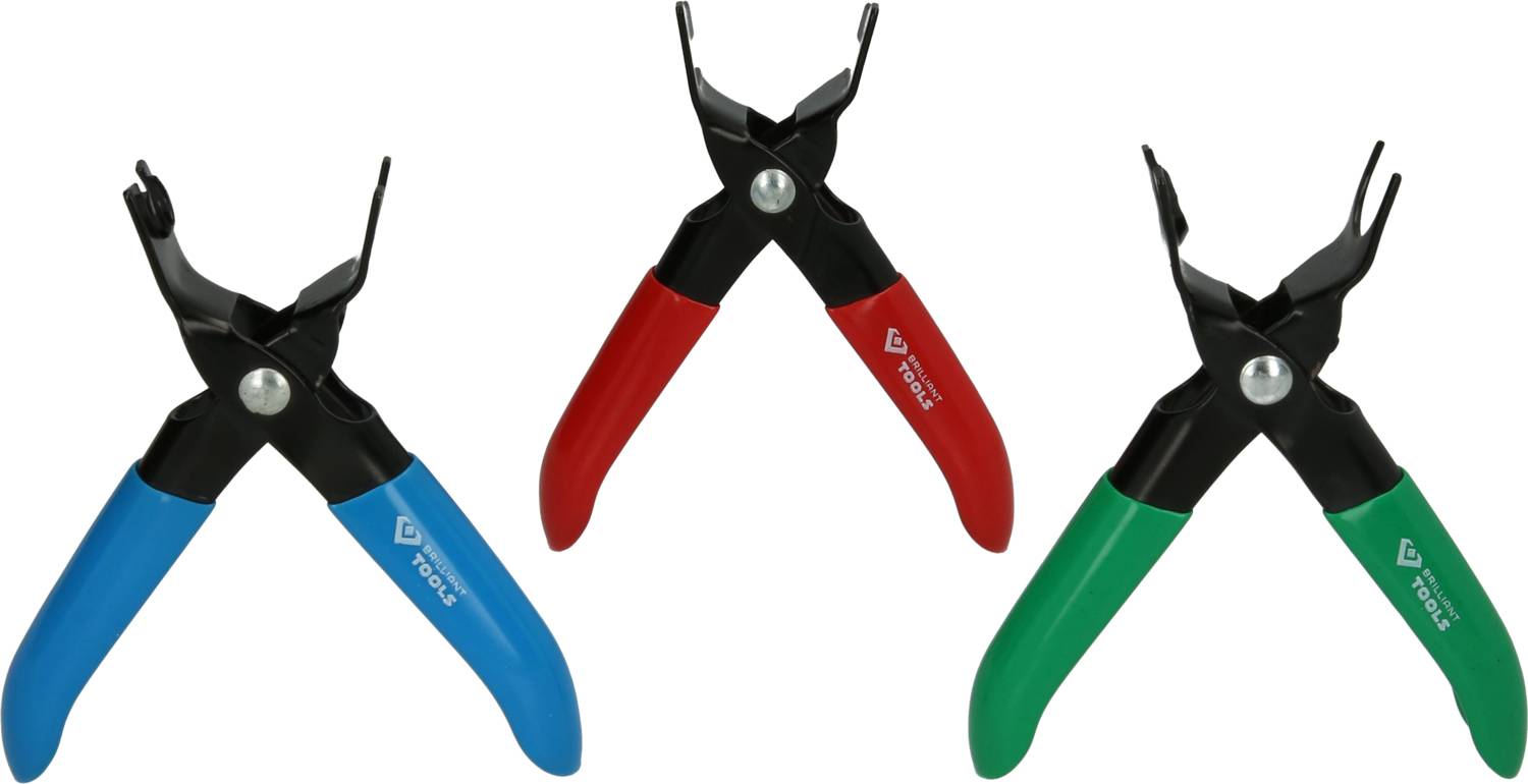 Drei Greifzangen in Blau, Rot und Grün mit schwarzen Griffen und Federgelenk, vor weißem Hintergrund.