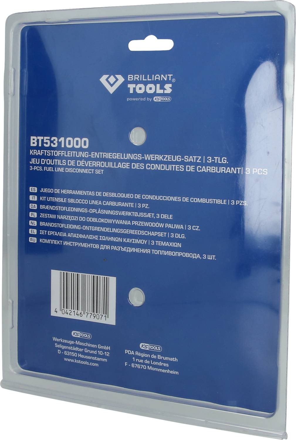 Verpackung eines 3-teiligen Werkzeugsatzes zur Entriegelung von Kraftstoffleitungen. Enthält Modellnummer BT531000 und Barcode.