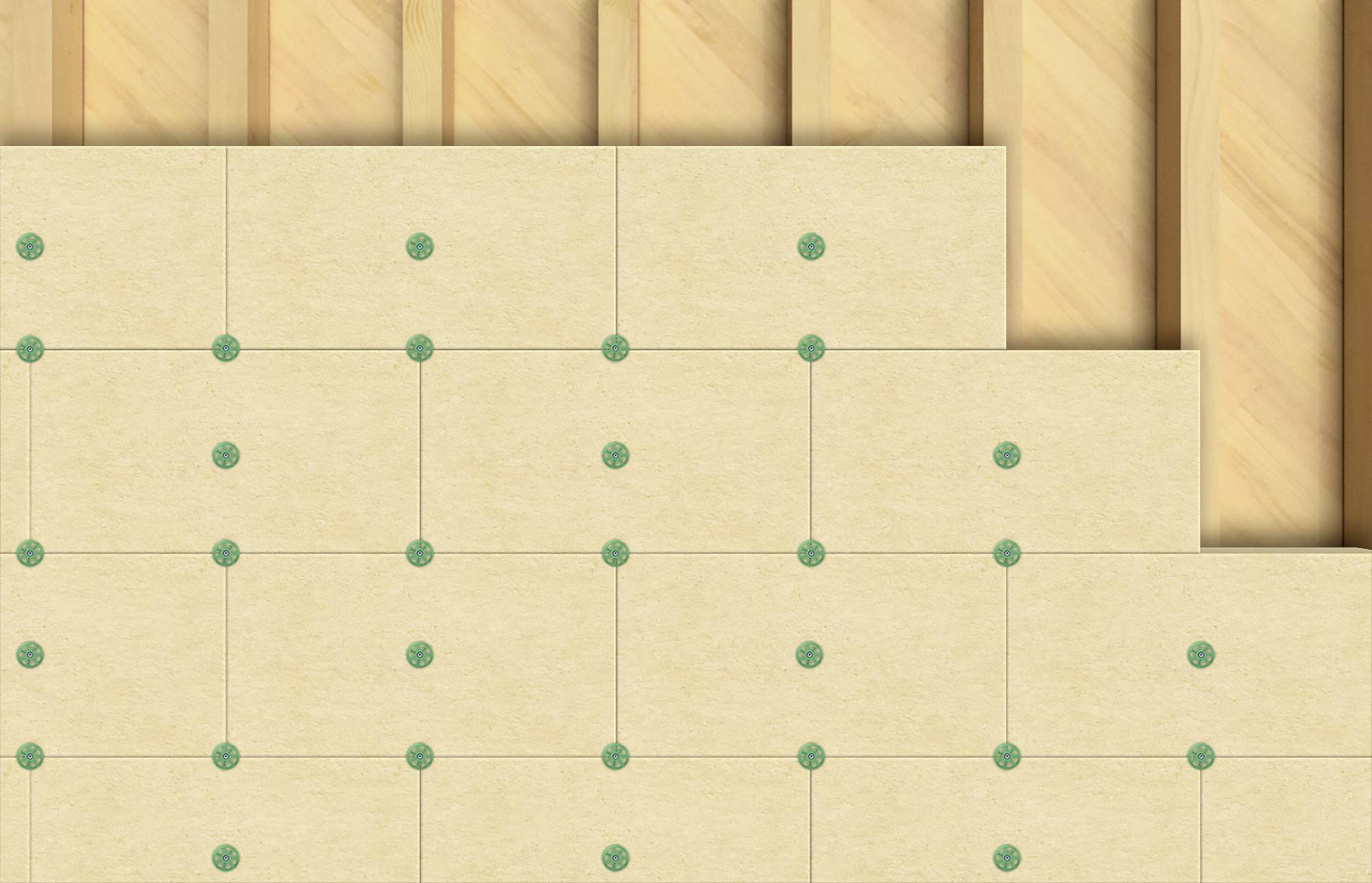 Kacheln werden diagonal über Holzlatten verlegt, wobei grüne Kreuze Positionen zum Bohren markieren.