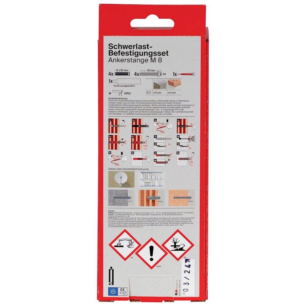 Rückseite einer Verpackung für ein Schwerlast-Befestigungsset, Ankerstange M8, mit Montageanleitung, Sicherheitssymbolen und Produktinformationen.