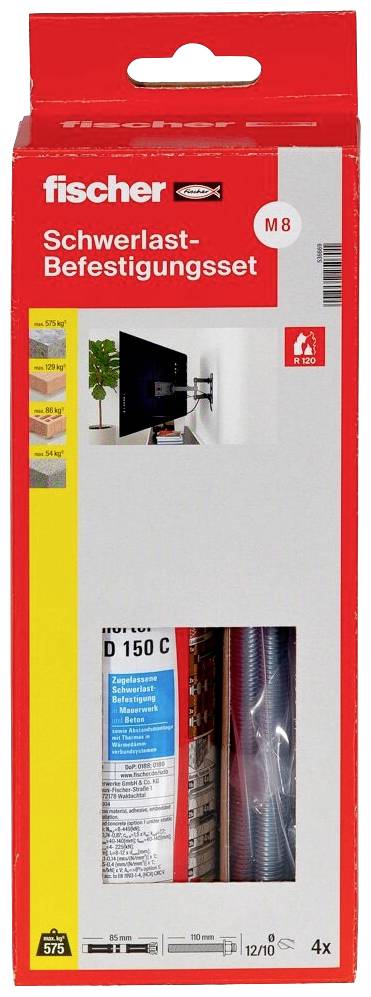 Eine rot-gelbe Verpackung für ein Fischer Schwerlast-Befestigungsset, M8-Größe, mit Bild einer wandmontierten TV-Halterung. Enthält Befestigungsschrauben.