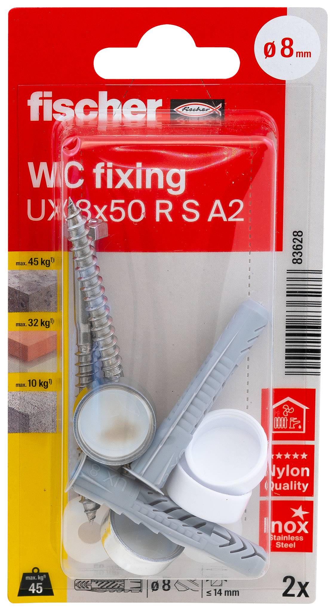 Verpacktes Befestigungsset von Fischer zur Montage einer Toilette, enthält Schrauben, Dübel und Abdeckkappen in Blau-Rot Verpackung.