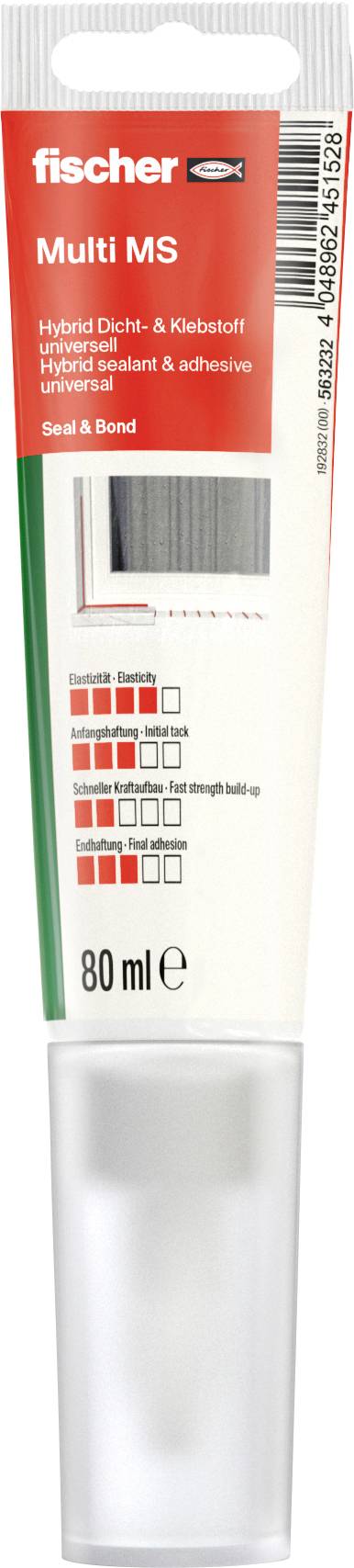 Eine Tube Dicht- und Klebstoff 'fischer Multi MS', 80 ml. Die Verpackung zeigt ein netzartiges Strukturmuster und Farbmuster mit Anwendungshinweisen.
