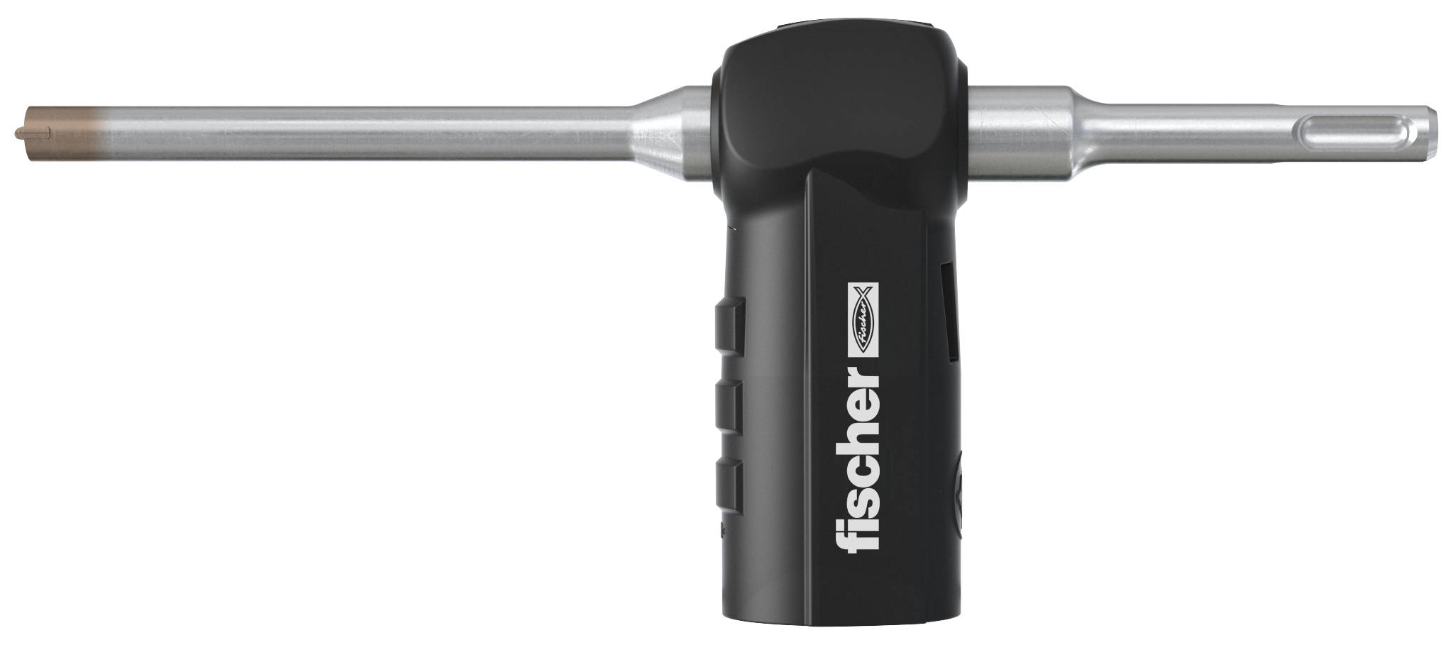 Ein schwarzes Fischer Elektrowerkzeug-Aufsatzteil mit einer horizontalen Metallstange und Bohraufsatz, isoliert auf weißem Hintergrund dargestellt.