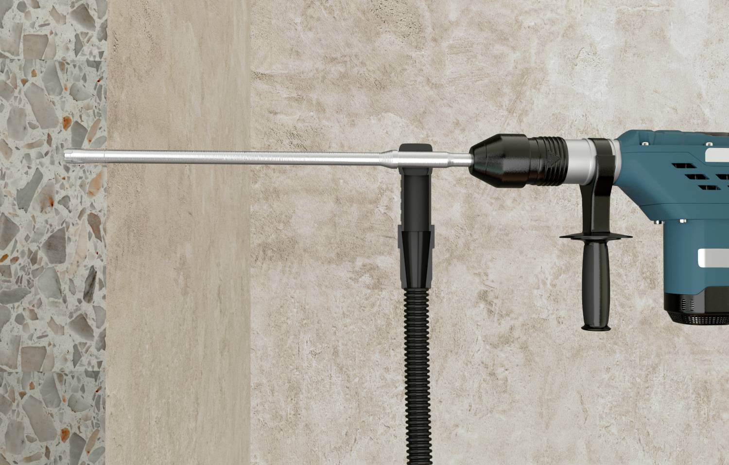 Bohrmaschine in einer Wand, Bohrer zeigt nach links, Griff zur Unterstützung. Gerät bereit zum Bohren in Betonwand.