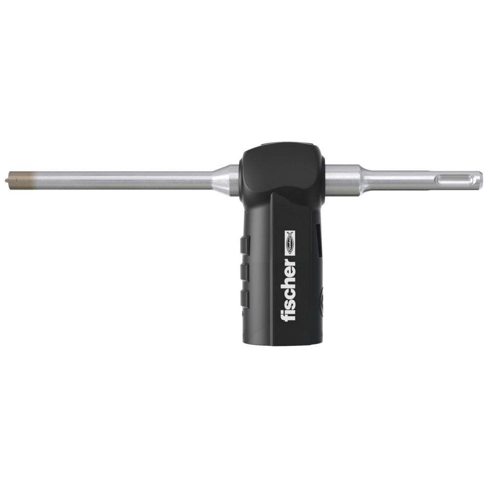 Schwarzer und silberner Maurermeißel mit langem Griff. 'Fischer'-Logo auf schwarzem Gehäuse, gehaltene Ansicht des Werkzeugs.