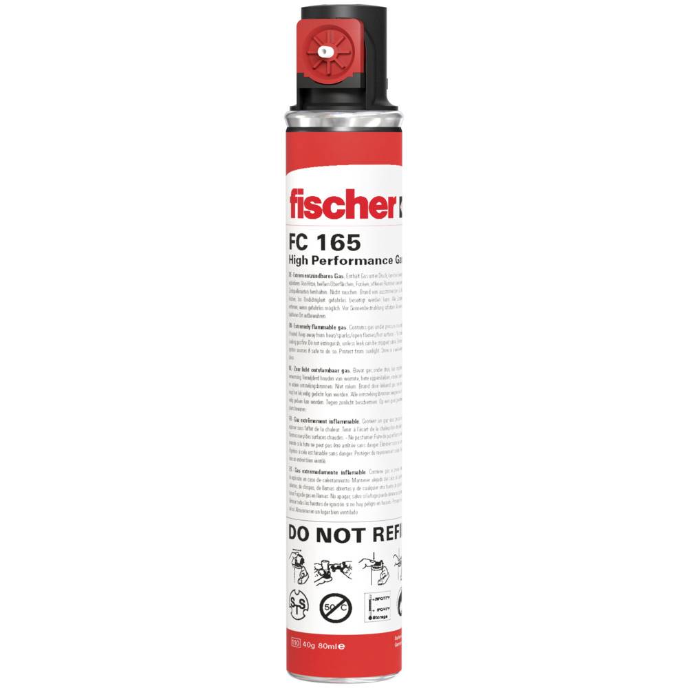 Ein rotes Spraydosen mit der Aufschrift 'fischer FC 165 High Performance'. Unten sind Warnhinweise und Symbole in Schwarz auf Weiß.