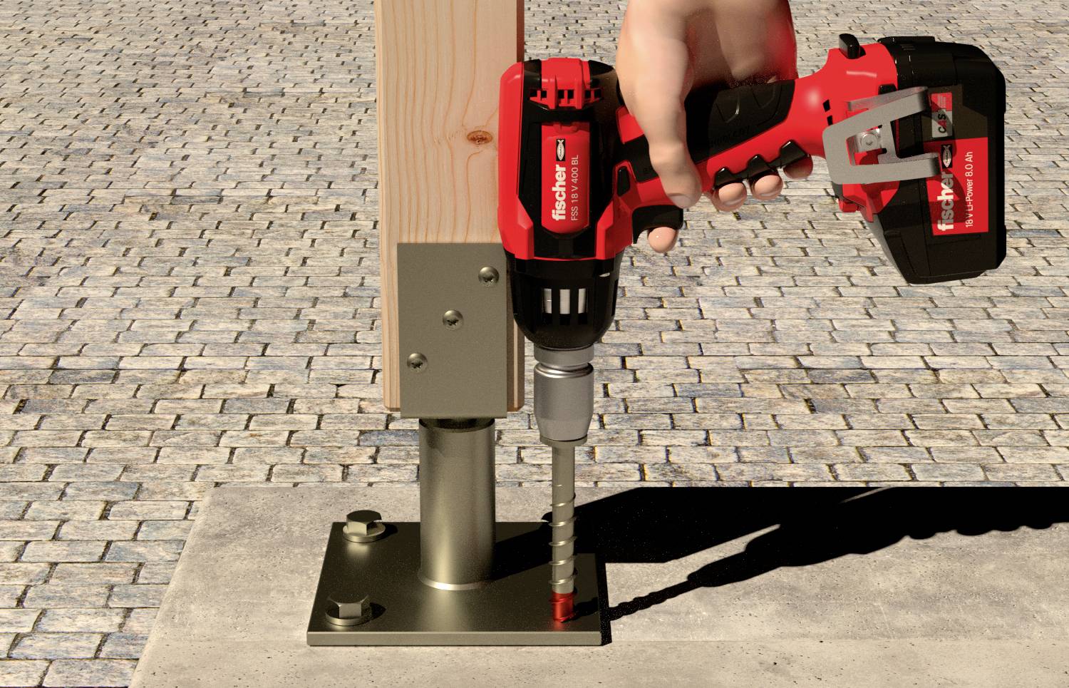 Eine Hand hält einen roten, kabellosen Bohrhammer, der einen Betonanker in eine Metallhalterung an einem Holzpfosten einsetzt.