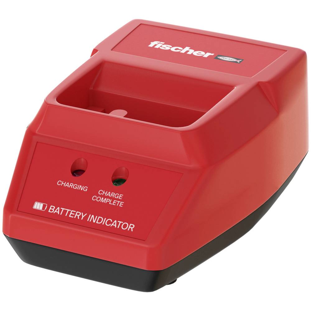 Rotes Ladegerät mit zwei Kontrollleuchten: 'Charging' (lädt) und 'Charge Complete' (Ladung abgeschlossen). Markenname oben.