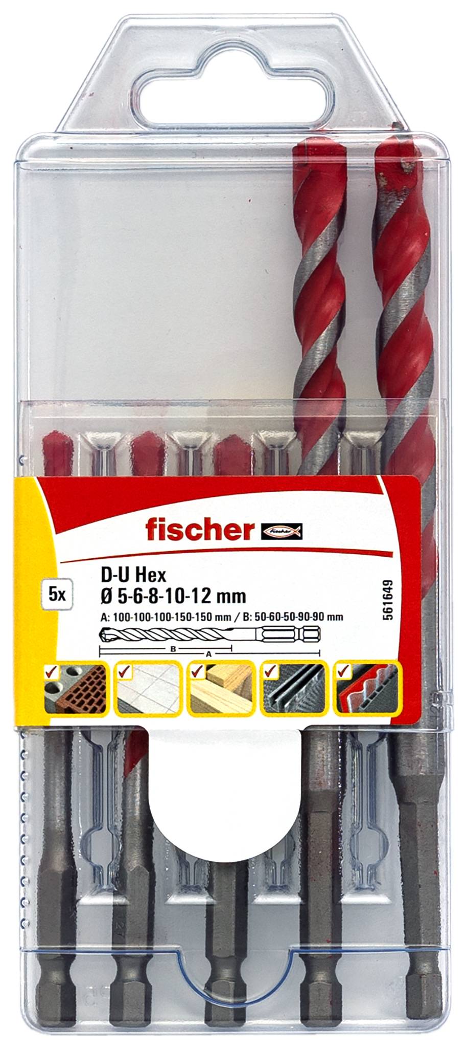 Satz aus fünf rot-silbernen Bohrbits der Marke 'fischer', geeignet für Beton und Mauerwerk, Größen: 5 bis 12 mm. Verpackung zeigt Anwendungen.