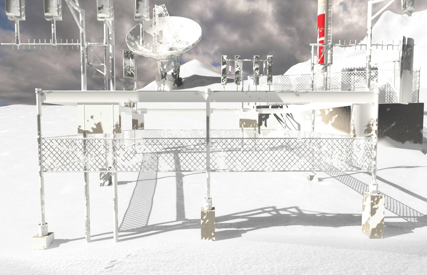 Eine verschneite Forschungsstation mit einer großen Satellitenschüssel im Hintergrund, umgeben von Zäunen und weiteren technischen Geräten.