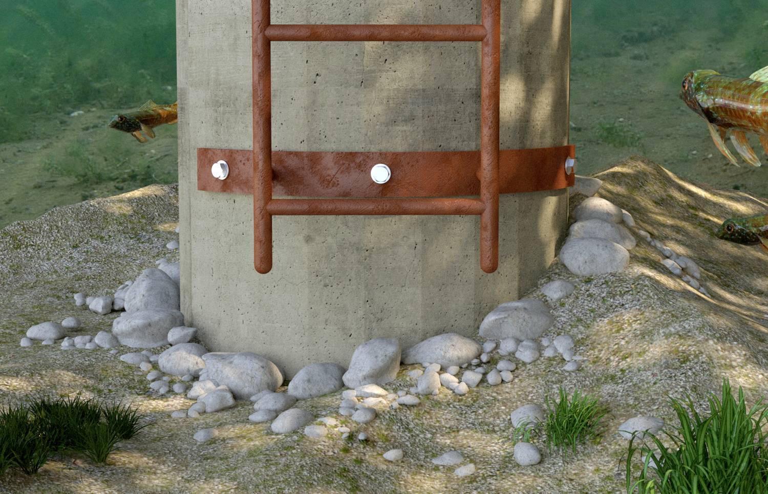 Betonpfeiler mit rostigen Metallleitern unter Wasser, umgeben von Fischen und Steinen auf sandigem Grund.