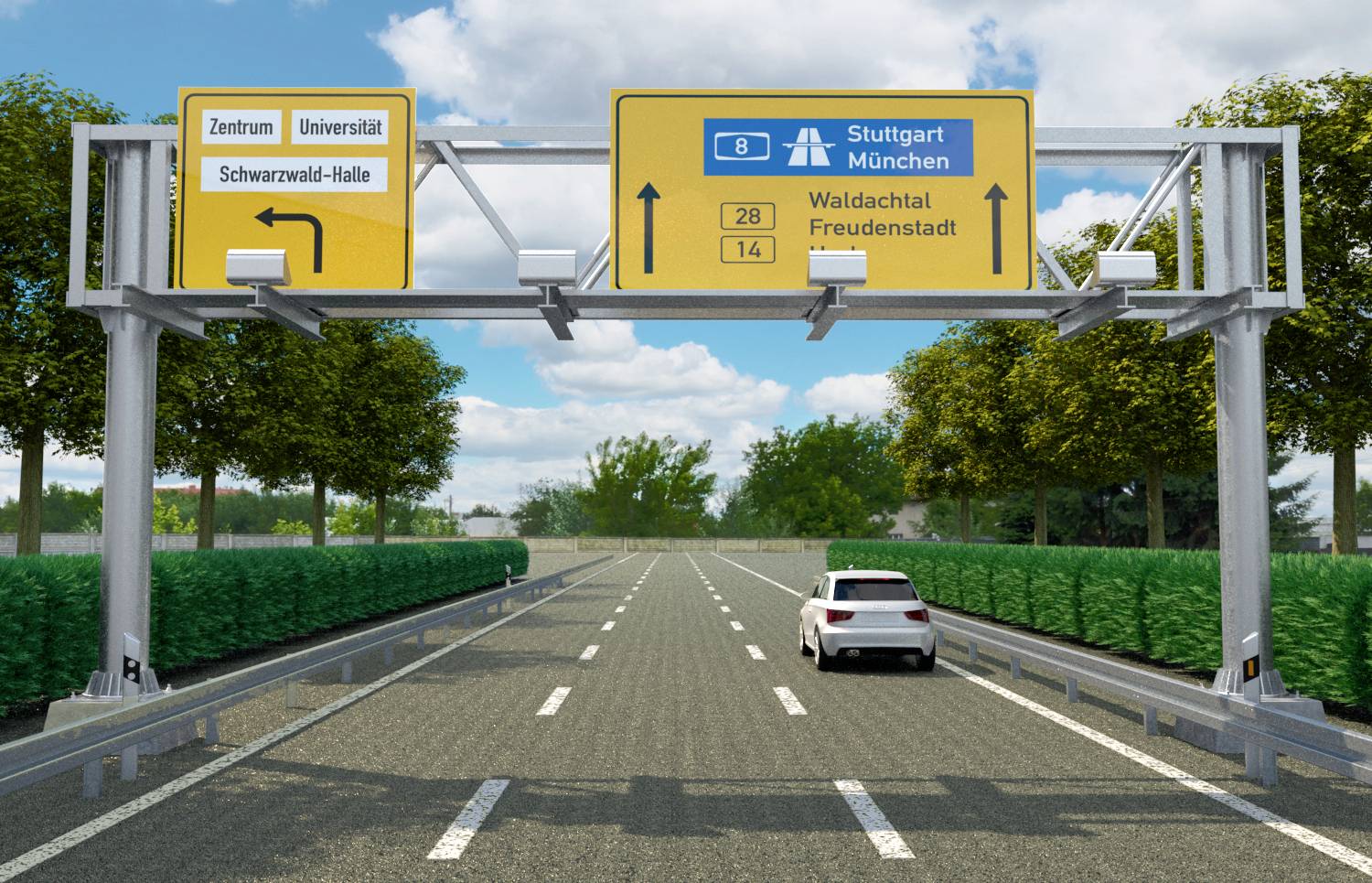 Eine leere Autobahn mit einem Verkehrsschild zeigt Richtung 'Stuttgart München'. Ein weißes Auto fährt in diese Richtung.