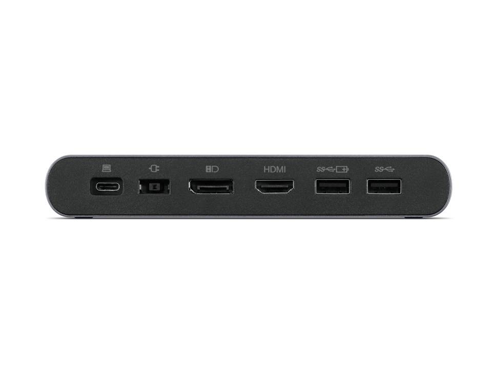 Eine schwarze Anschlussleiste mit mehreren Ports: USB-C, Ethernet, zwei HDMI-Anschlüsse und zwei USB-Anschlüsse, in Reihe angeordnet.