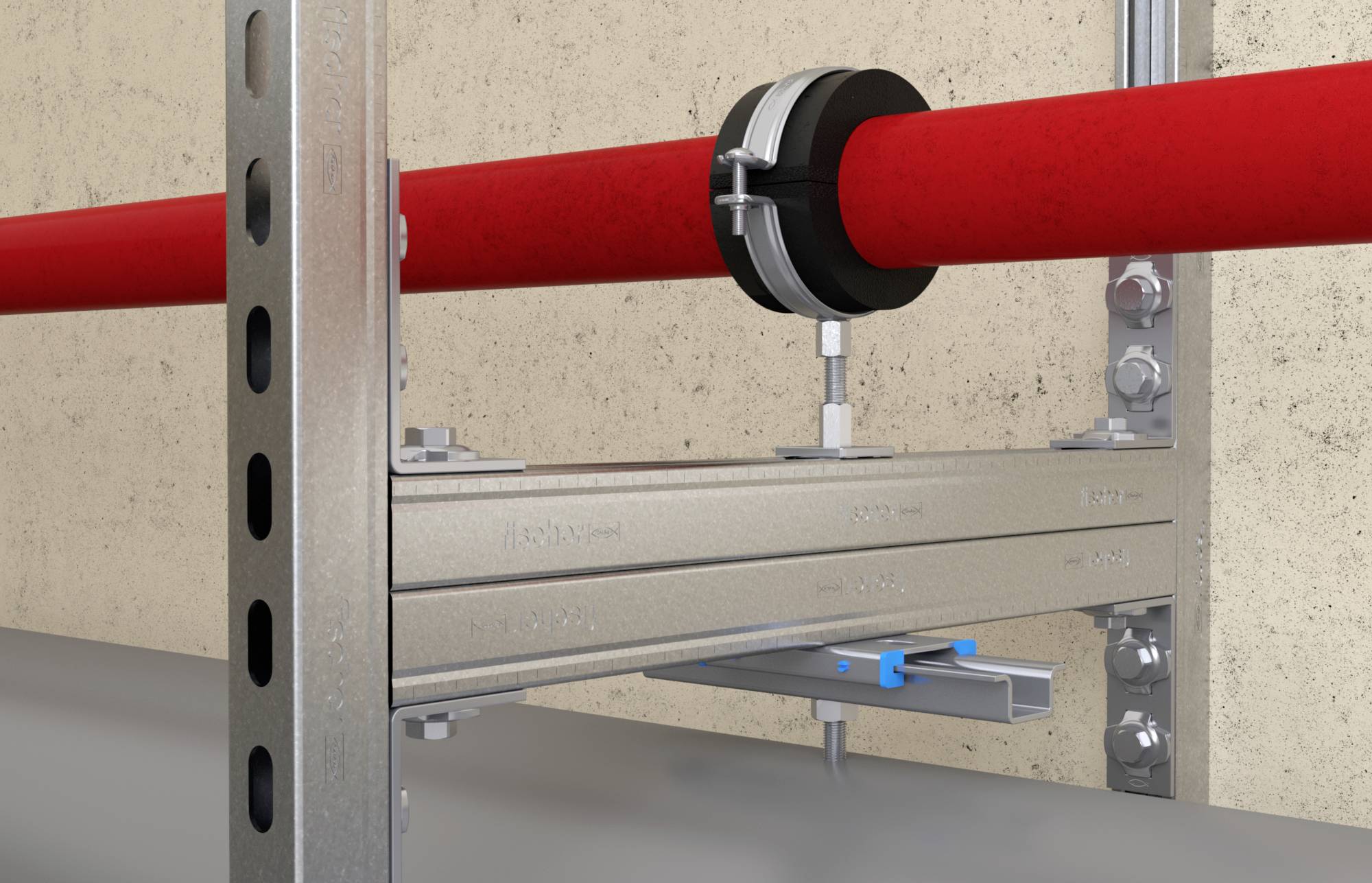 Rotes Rohr mit schwarzer Halterung, befestigt an einem Metallgestell vor einer hellen Wand; industrielle Rohrinstallation.