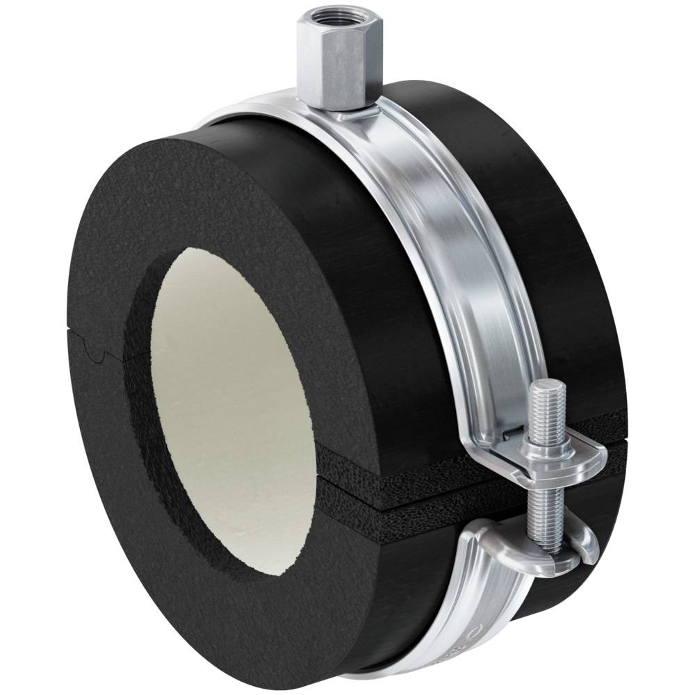 Ein schwarzes Rohrisolierungssystem besteht aus zwei Halbschalen mit Metallring und Schraube zur Befestigung, oben mit Anschluss.