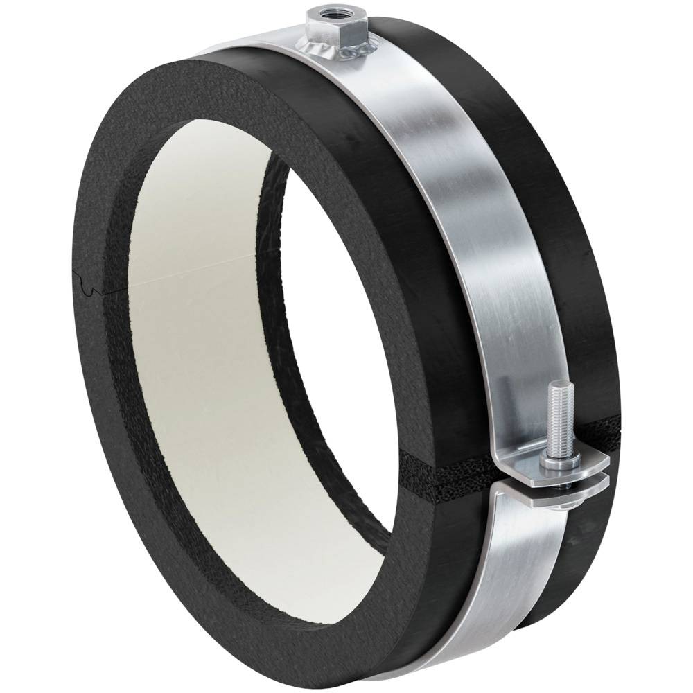 Schwarze Rohrmanschette zur Durchdringungssicherung mit silbernem Metallband und Schraube, seitliche Ansicht.