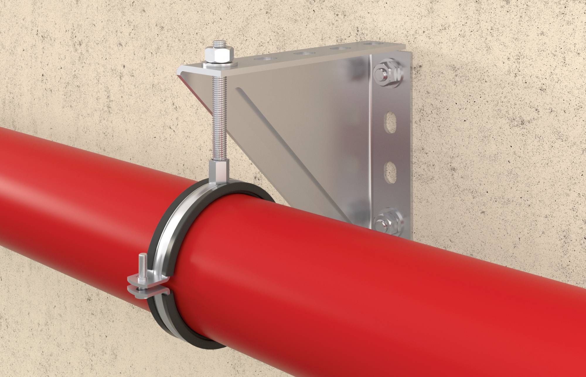 Rotes Rohr an der Betonwand befestigt durch eine Metallhalterung. Die Halterung ist verschraubt und sichert das Rohr stabil.