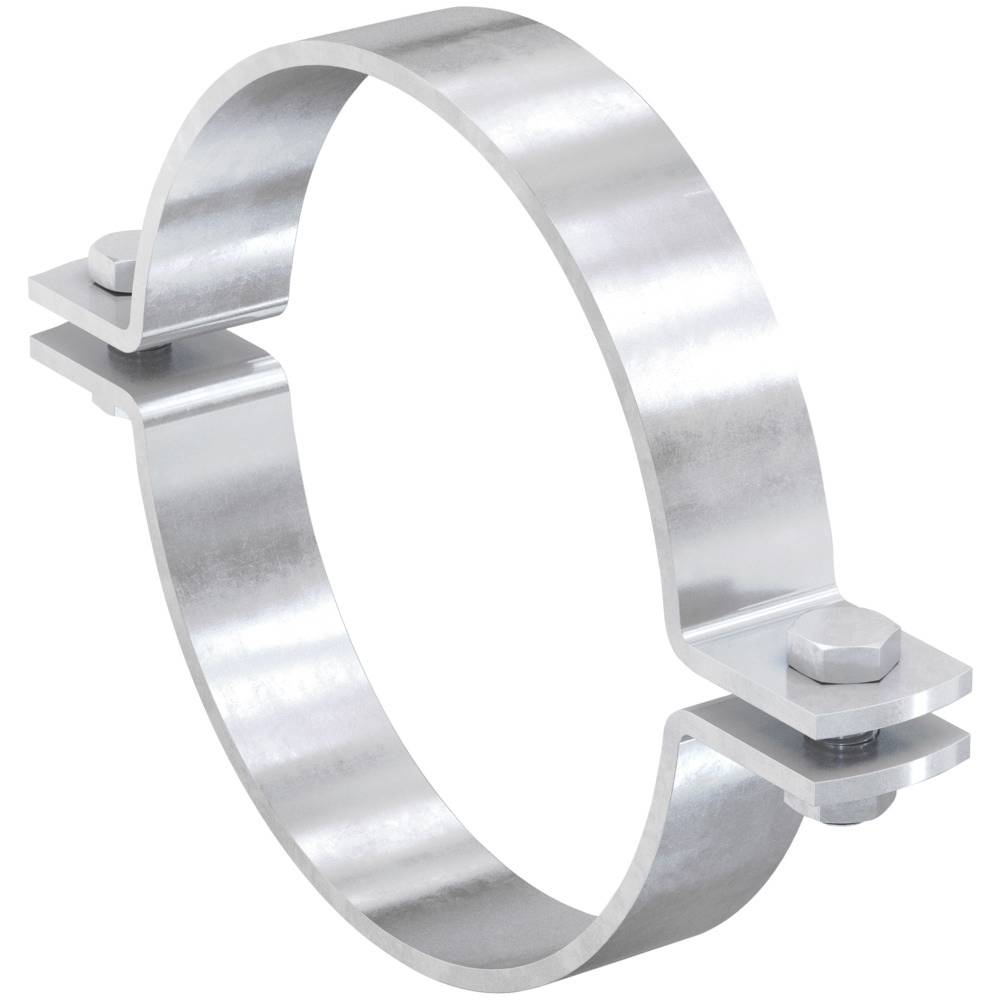 Metallklemme zur Befestigung von Rohren. Silberne, halbkreisförmige Form mit Schrauben an beiden Enden zur Stabilität.