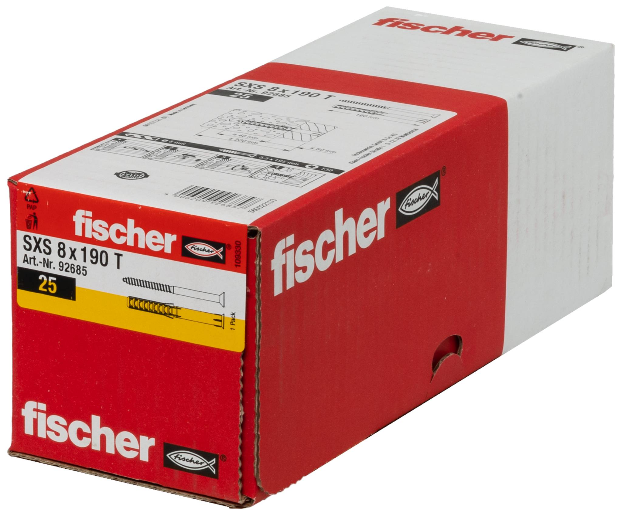 Rote Fischer-Box mit SXS 8 x 190 T Befestigungselementen, beschriftet mit „25